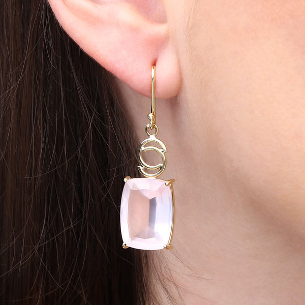 Par de Brinco em Ouro Amarelo 18k com Quartzo Rosa