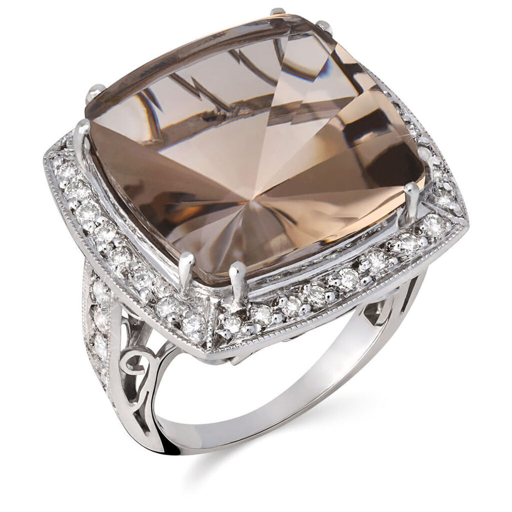 Anel em Ouro Branco 18k com Topazio Fume e Diamantes