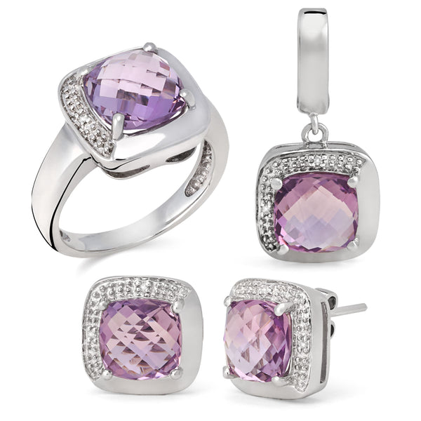 Anel Brinco e Pingente com Ametista Aprox. 8,6 cts e Diamantes Linha Prata