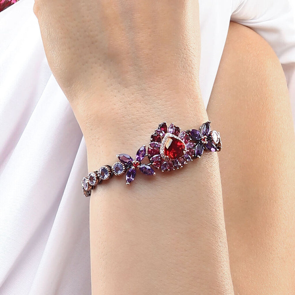 Pulseira Linha Premium em Prata 925 Com Topázios Vermelhos e Mix de Pedras
