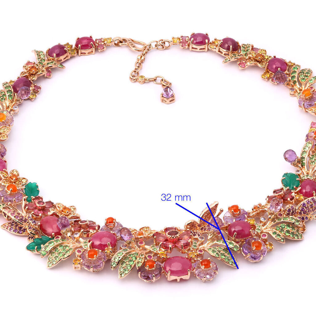 Colar Linha Premium em Prata 925 Floral Com Rubis e Mix de Pedras