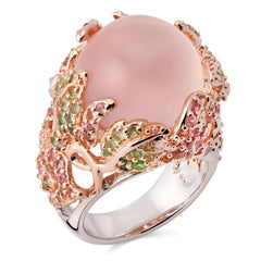 Anel Linha Premium em Prata 925 com Quartzo Rosa, Safiras Rosas e Granadas Verdes