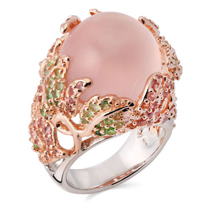 Anel Linha Premium em Prata 925 com Quartzo Rosa, Safiras Rosas e Granadas Verdes