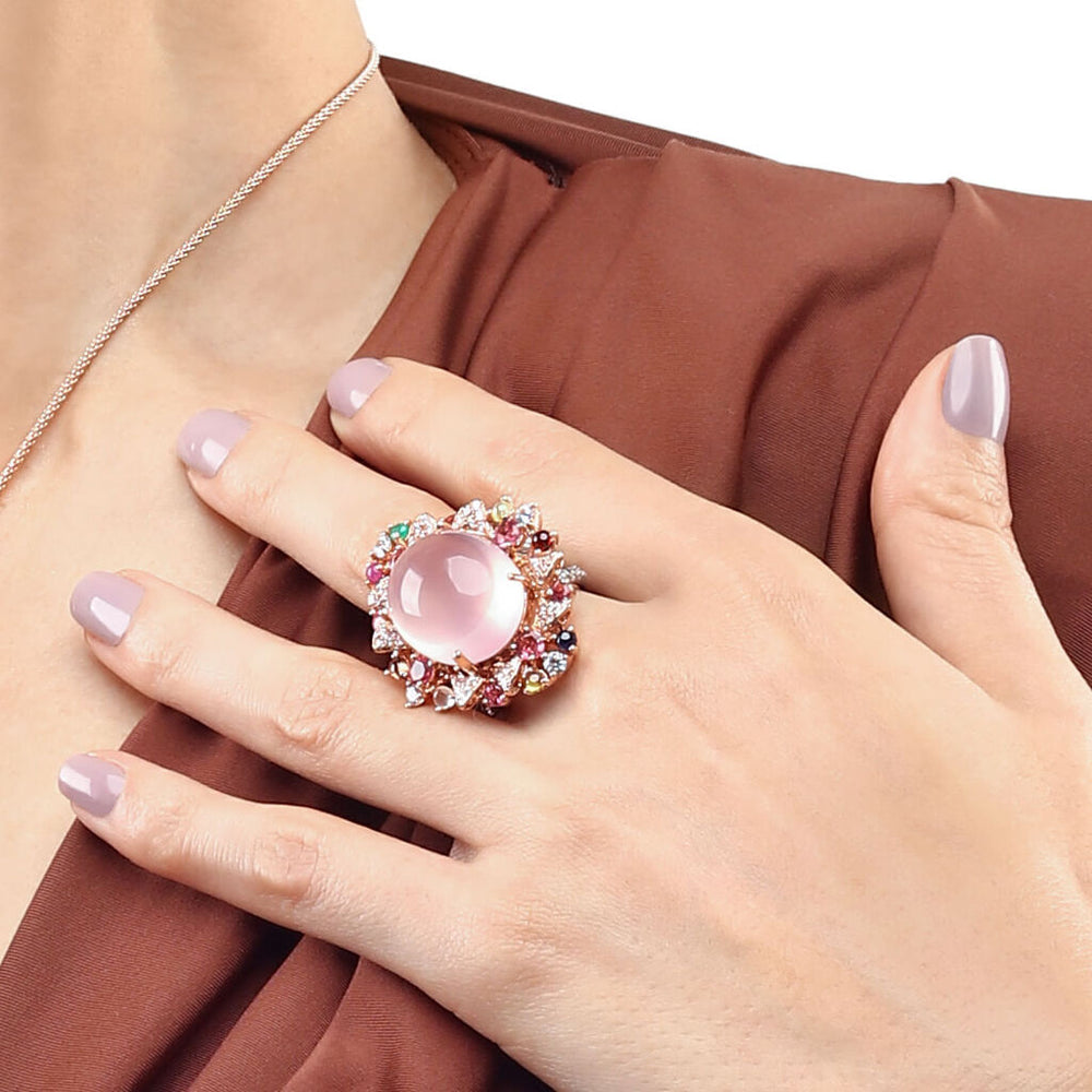 Anel Linha Premium em Prata 925 com Quartzo Rosa, Safiras Rosas e Granadas Verdes