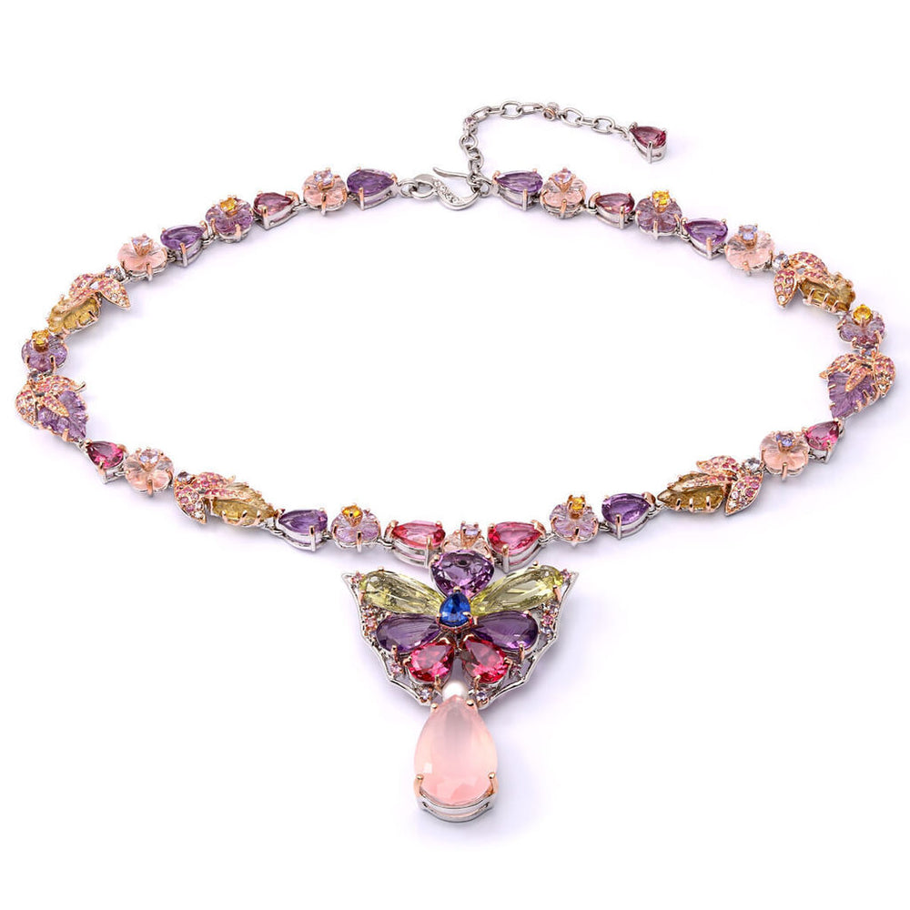Colar Linha Premium em Prata 925 Borboleta com Quartzo Rosa e Mix de Pedras