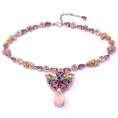 Colar Linha Premium em Prata 925 Borboleta com Quartzo Rosa e Mix de Pedras