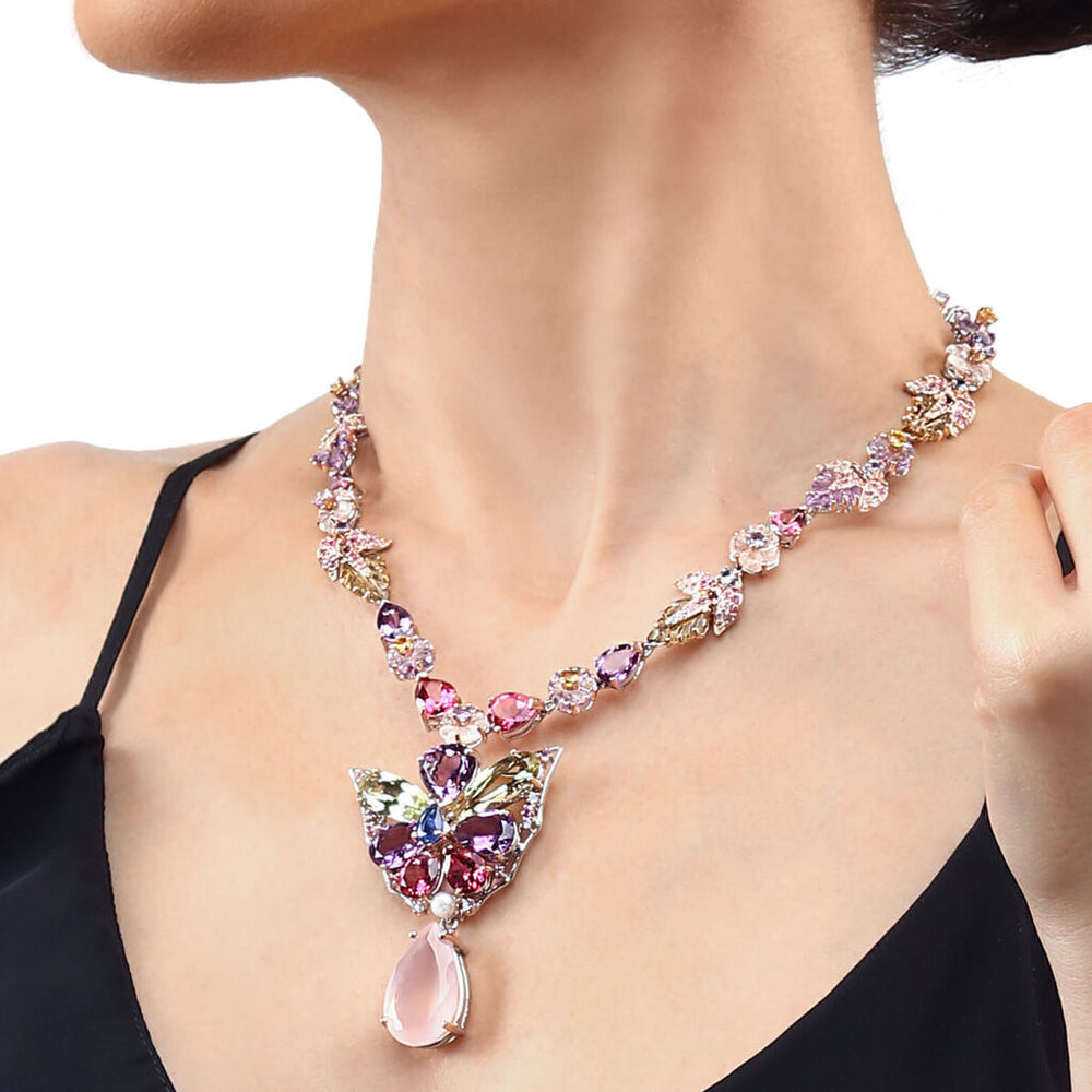 Colar Linha Premium em Prata 925 Borboleta com Quartzo Rosa e Mix de Pedras