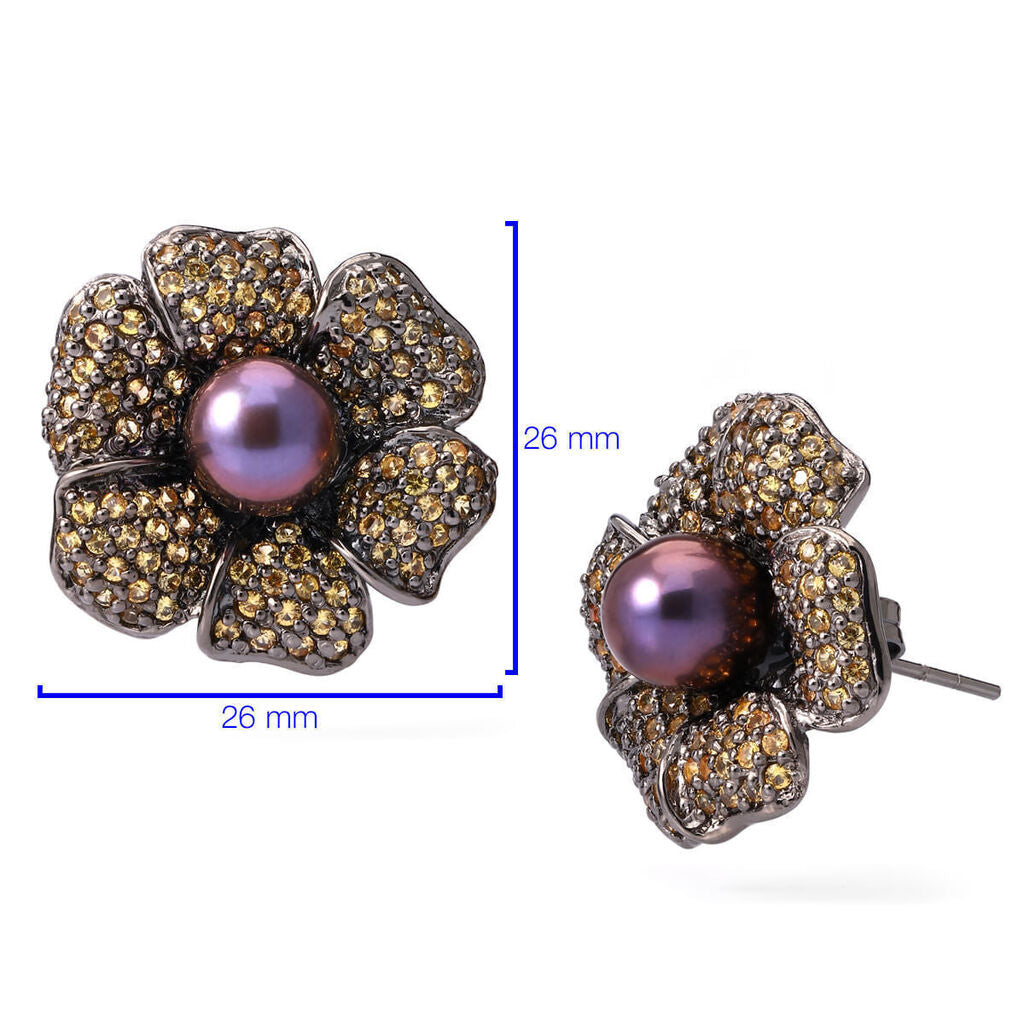Par de Brinco Linha Premium em Prata 925 Flor com Perolas e Safiras Amarelas