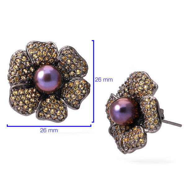 Par de Brinco Linha Premium em Prata 925 Flor com Perolas e Safiras Amarelas