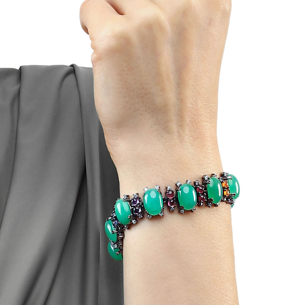 Pulseira Linha Premium em Prata 925 com Crisopazios Cabuchon, Safiras Coloridas e Zirconias
