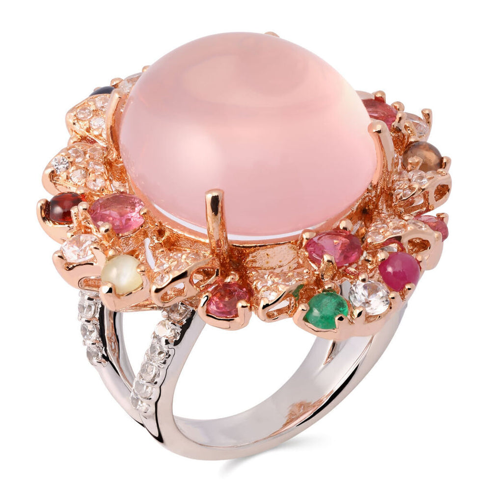 Anel Linha Premium em Prata 925 com Quartzo Rosa e Mix de Pedras Naturais
