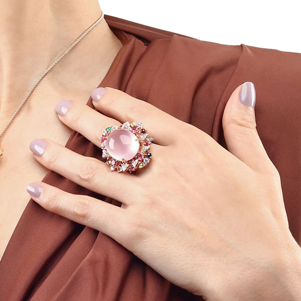 Anel Linha Premium em Prata 925 com Quartzo Rosa e Mix de Pedras Naturais
