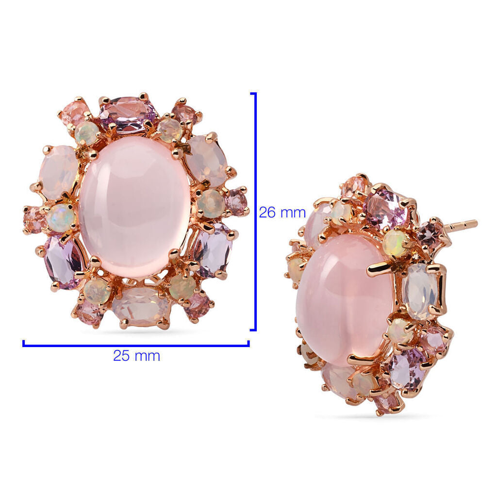 Par de Brinco Linha Premium em Prata 925 com Quartzo Rosa e Mix de Pedras