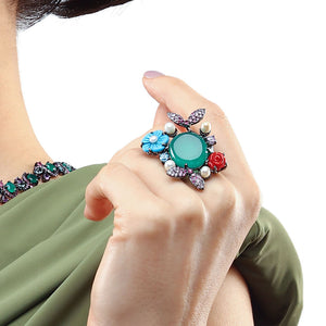Anel Linha Premium em Prata 925 Floral com Calcedônia e Mix Pedras