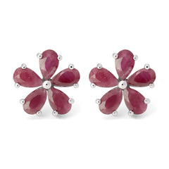 Par de Brinco em Prata 925 Flor com Rubis