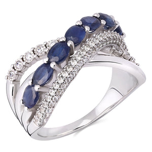 Meia Aliança em Prata 925 Trancado com Safiras Azuis e Zirconias Aprox. 1,75 cts