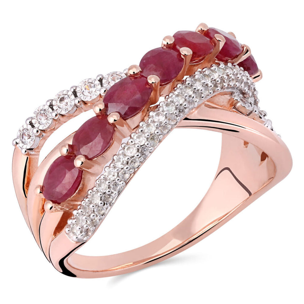 Anel em Prata 925 Trançado com Rubis e Zirconias Aprox. 1,75 cts Banho Ouro Rose