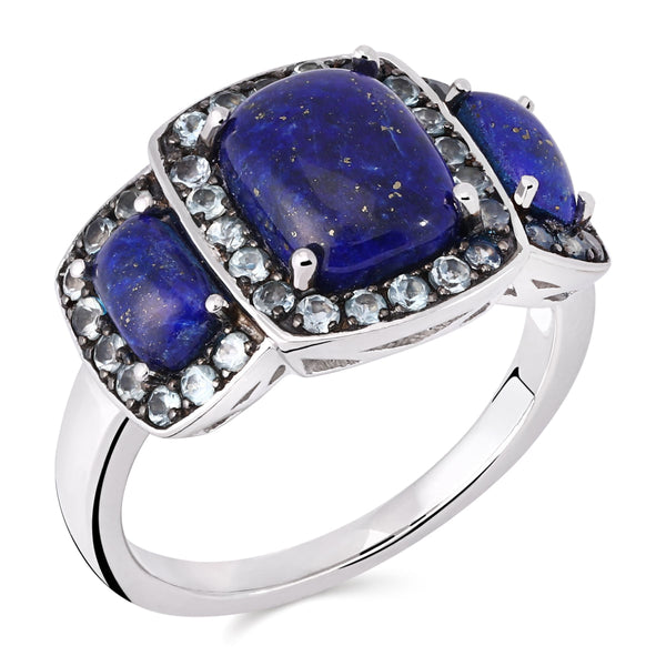 Anel em Prata 925 com Lapis Lazuli e Topazios Swiss Blue