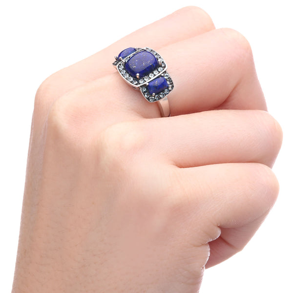 Anel em Prata 925 com Lapis Lazuli e Topazios Swiss Blue
