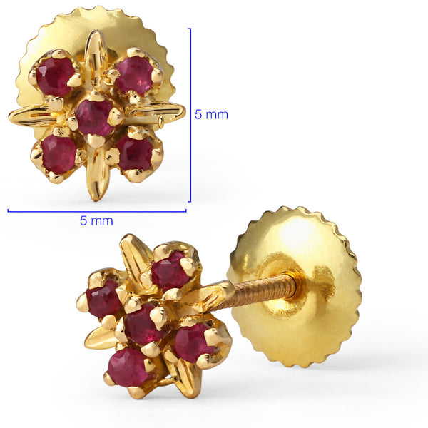 Par de Brinco em Ouro Amarelo Infantil Florzinha com Rubi
