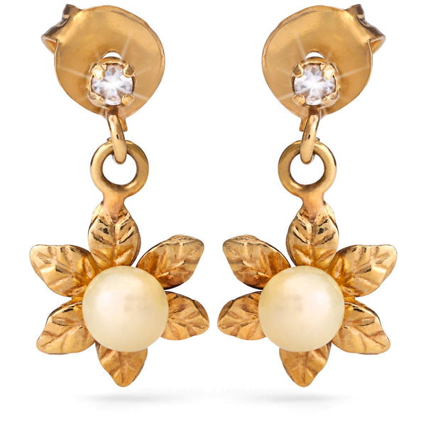 Par de Brinco Infantil em Ouro Amarelo 18 k Florzinha com Pérolas Baby e Zirconias
