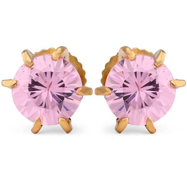 Par de Brincos em Ouro Amarelo Solitário com Zircônia Rosa Infantil
