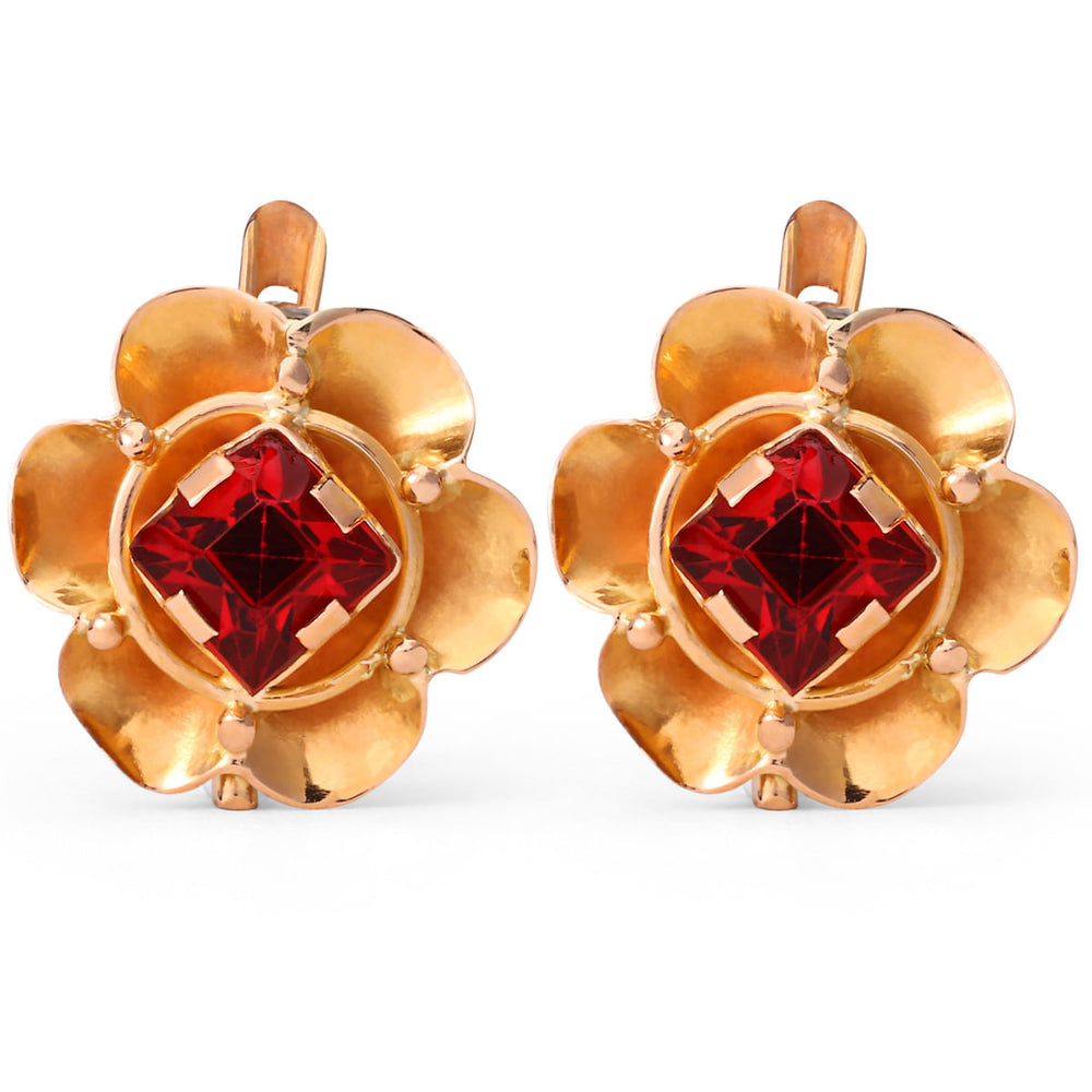 Par de Brincos em Ouro Rosé Florzinha com Pedra Sintética Vermelha Infantil