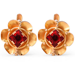 Par de Brincos em Ouro Rosé Florzinha com Pedra Sintética Vermelha Infantil