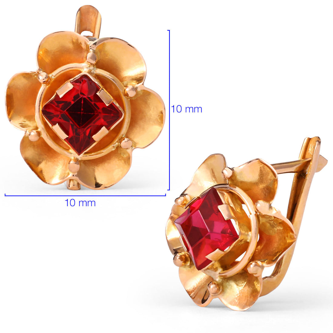 Par de Brincos em Ouro Rosé Florzinha com Pedra Sintética Vermelha Infantil