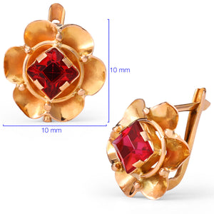 Par de Brincos em Ouro Rosé Florzinha com Pedra Sintética Vermelha Infantil