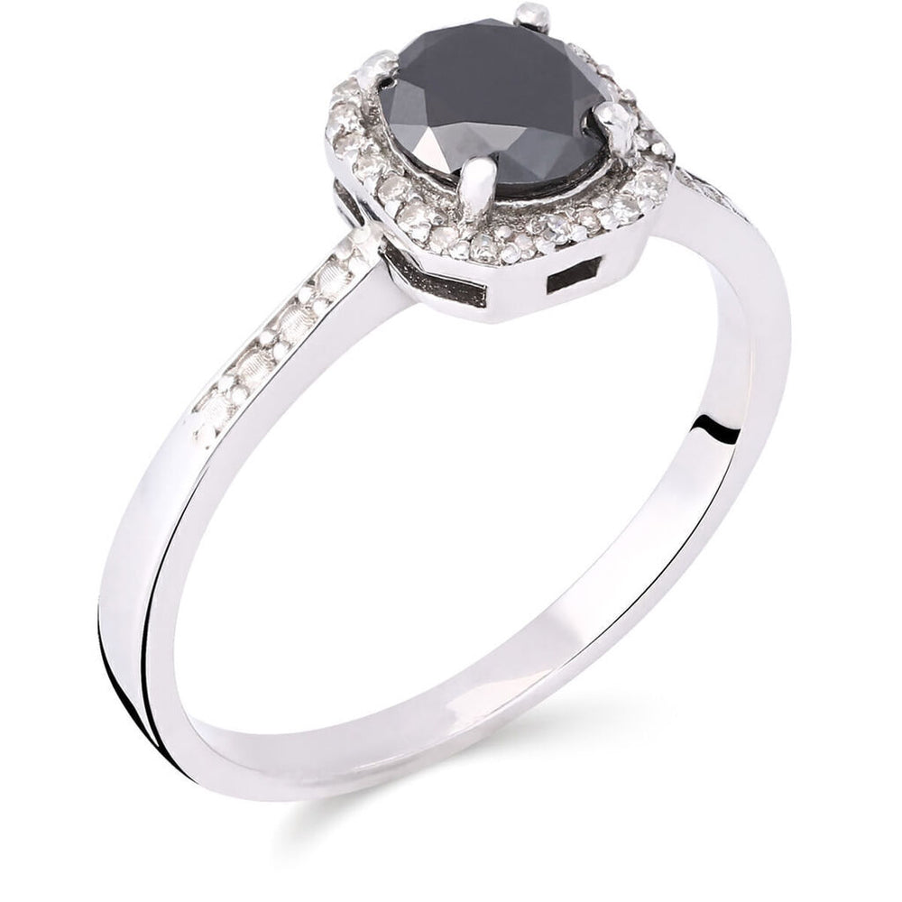 Anel em Prata Solitário Quadrado Com Diamante Negro e Brancos