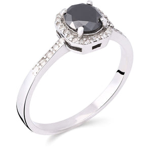 Anel em Prata Solitário Quadrado Com Diamante Negro e Brancos