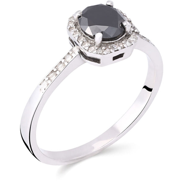 Anel em Prata Solitário Quadrado Com Diamante Negro e Brancos