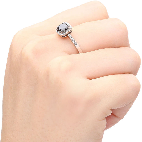 Anel em Prata Solitário Quadrado Com Diamante Negro e Brancos