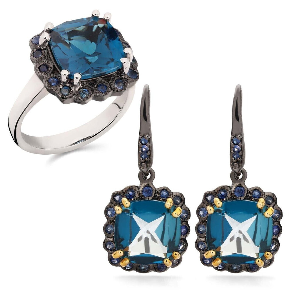 Anel e Brinco Linha Premium em Prata 925 com London Blue