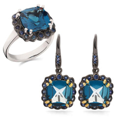 Anel e Brinco Linha Premium em Prata 925 com London Blue