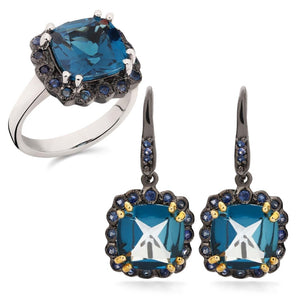Anel e Brinco Linha Premium em Prata 925 com London Blue