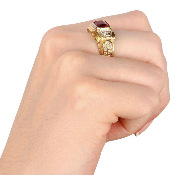 Anel em Ouro Amarelo 18k de Formatura De Direito Pedra Sintética Vermelha e Diamantes