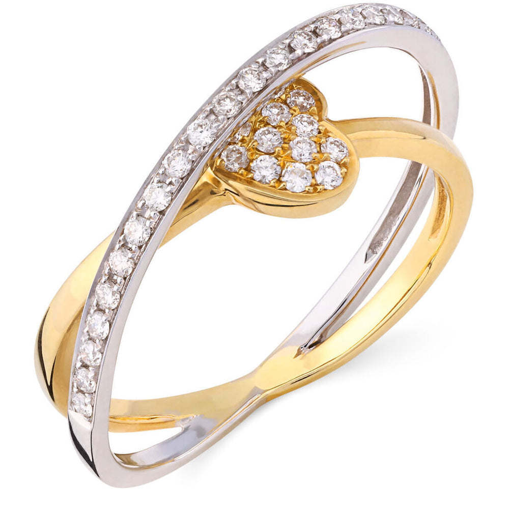 Anel em Ouro Amarelo e Ouro Branco com Coração e Diamantes
