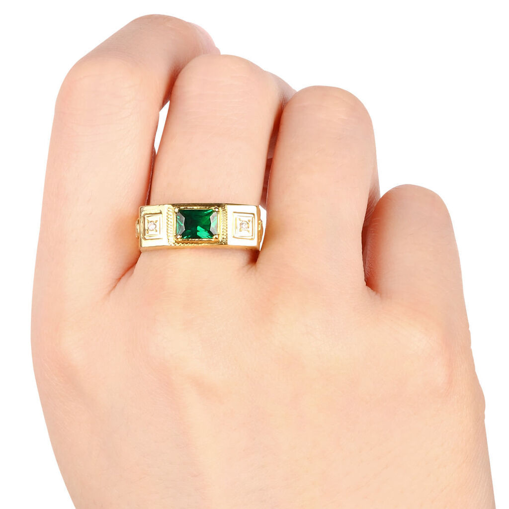 Anel em Ouro Amarelo 18k Formatura Obsidiana Esmeralda e Zircônias