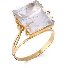 Anel em Ouro Amarelo de Cristal Quartzo Rutilado  e Diamantes