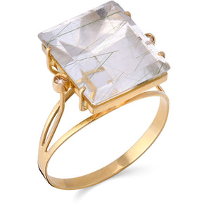 Anel em Ouro Amarelo de Cristal Quartzo Rutilado  e Diamantes