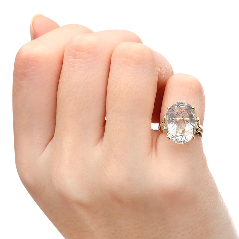 Anel em Ouro Amarelo 18k com Cristal Rutilado Oval