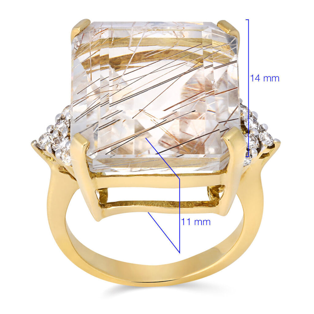 Anel em Ouro Amarelo 18k com Quartzo Rutilado Quadrado e Diamantes