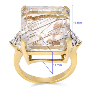 Anel em Ouro Amarelo 18k com Quartzo Rutilado Quadrado e Diamantes