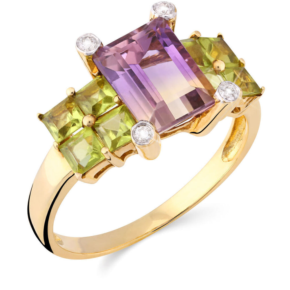 Anel em Ouro Amarelo Bicolor de Ametista e Peridotos com Diamantes