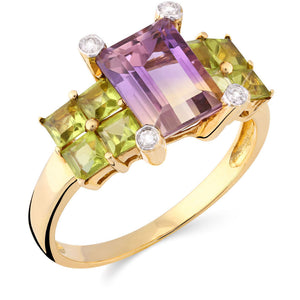 Anel em Ouro Amarelo Bicolor de Ametista e Peridotos com Diamantes