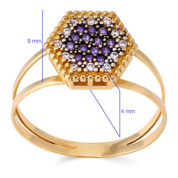 Anel em Ouro Amarelo com Zircônias Brancas e Roxas