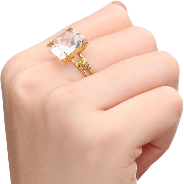Anel em Ouro Amarelo 18k Quadrado com Cristal Aprox. 8 cts