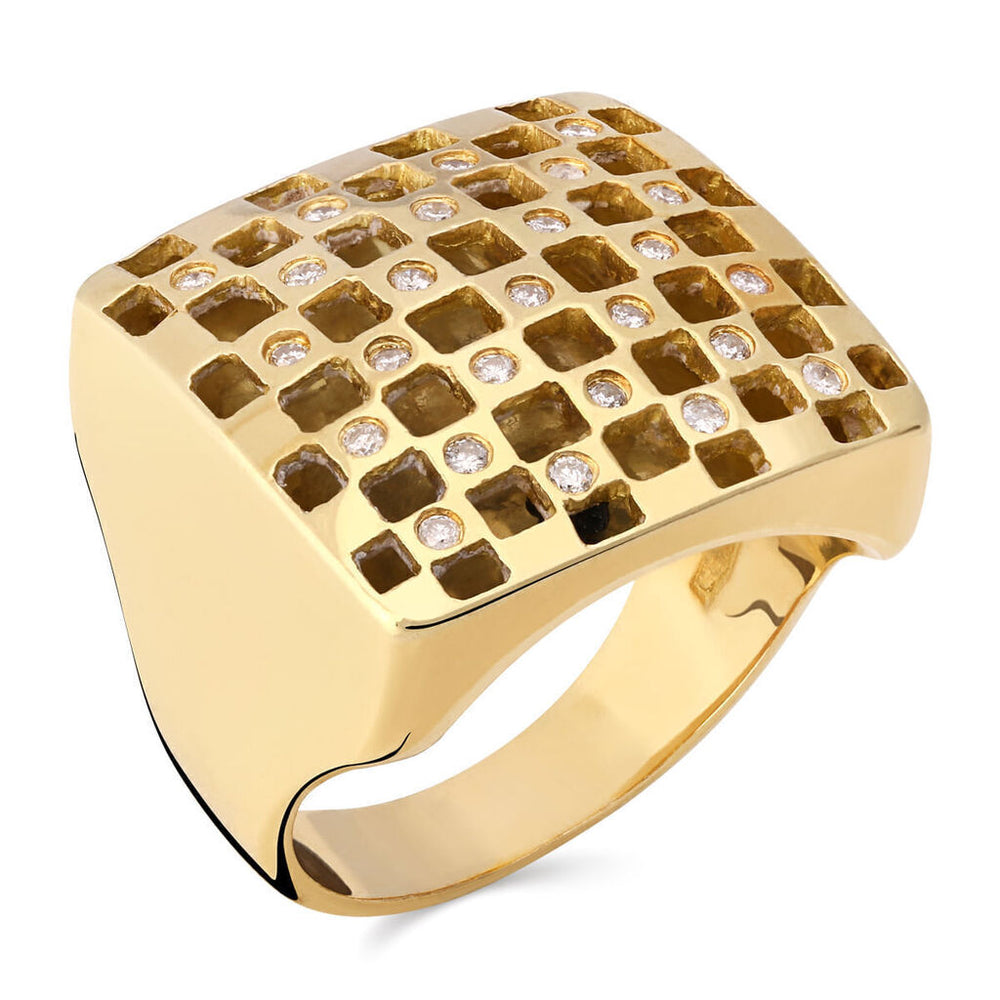 Anel em Ouro Amarelo 18k Quadrado com Diamantes